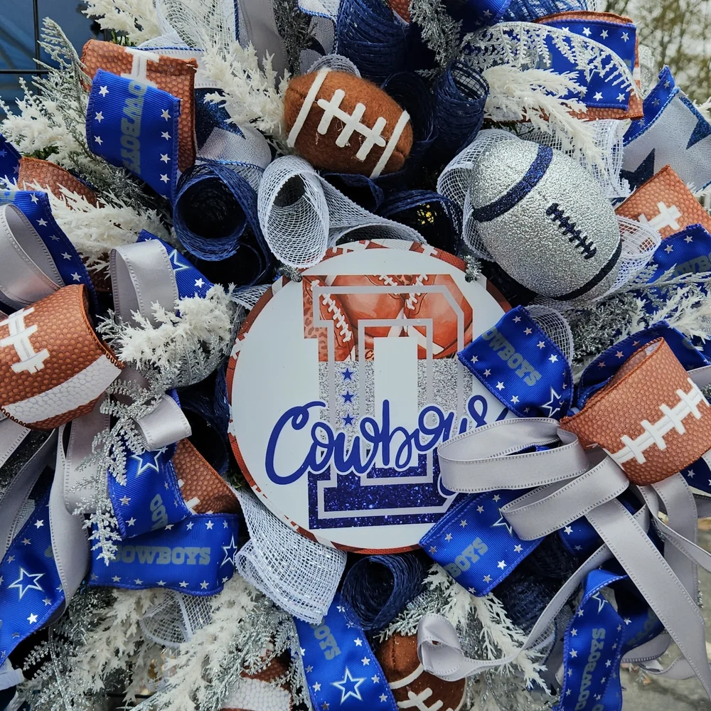 Cowboys Themed Holiday Wreath with Blue and Silver Accents